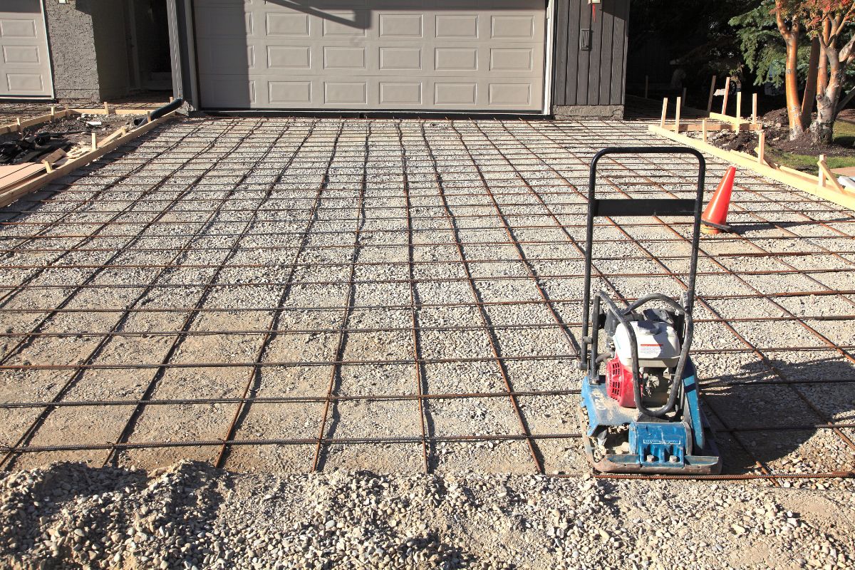 Active driveway construction site with machinery