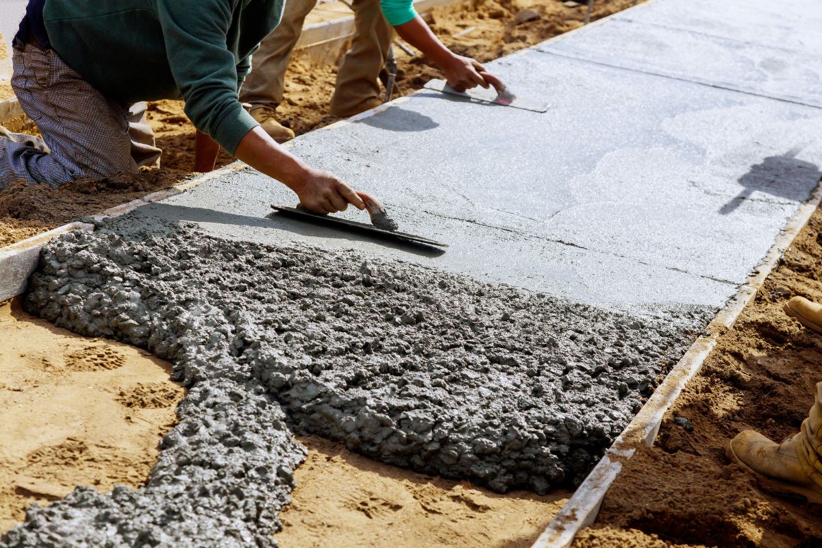 Commercial construction crew working on sidewalk
