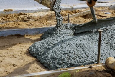 Concrete Construction process showing fresh concrete poured for a patio foundation.