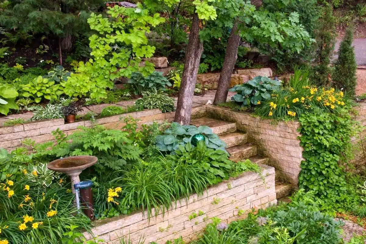 Retaining wall project in a residential garden.