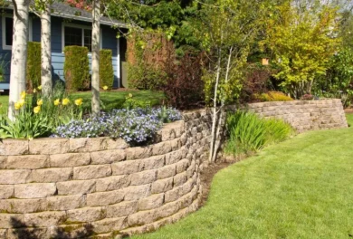 Retaining walls in a landscaped backyard.