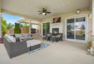 A home with an exterior backyard living area