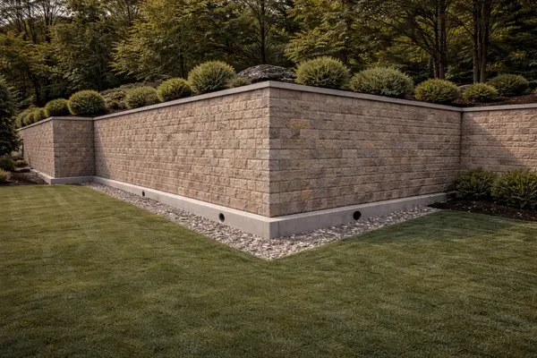 High retaining wall with drainage pipes