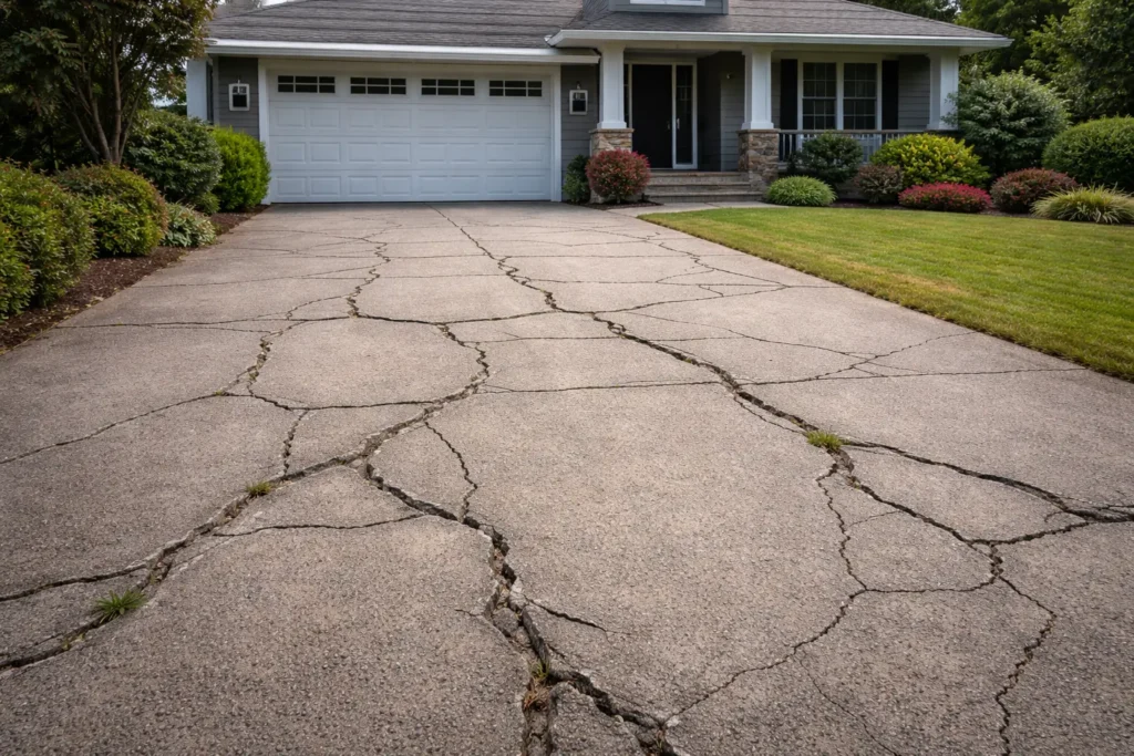 A concrete driveway with visible cracks