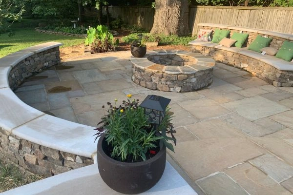 Stamped concrete patio with built-in grills