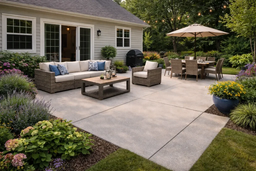 Backyard concrete patio with a beautiful garden