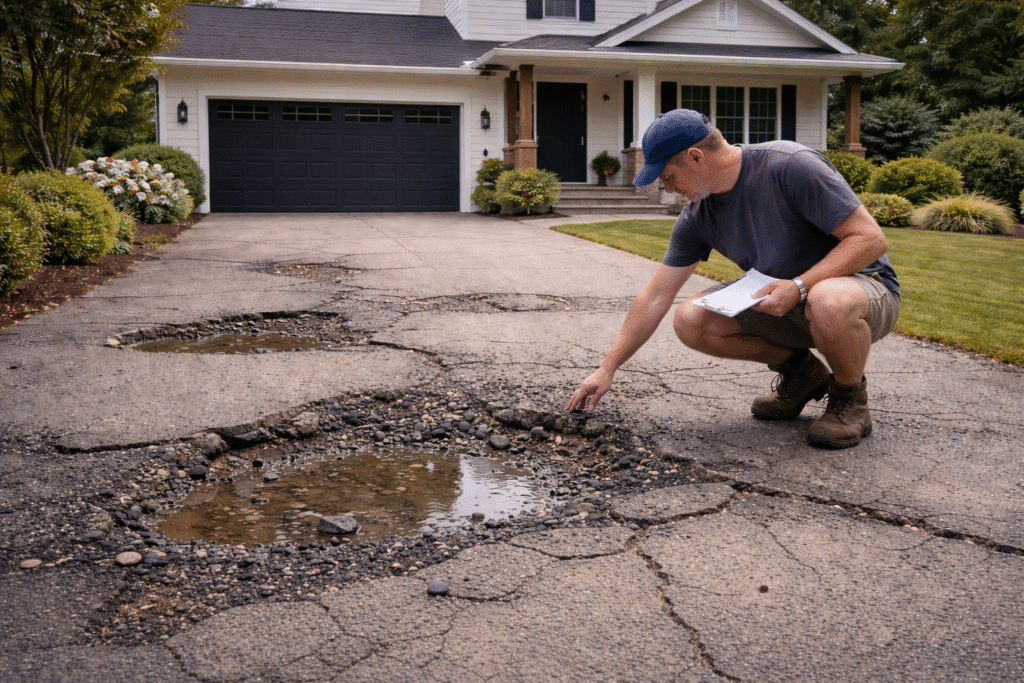A man inspecting potholes in a concrete driveway
