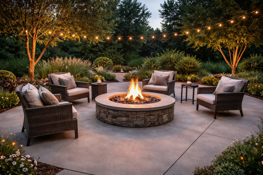 A fire pit built on a concrete patio